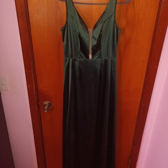 NWT MUXXN BOUTIQUE Sz Med Dark Green Satin Maxi Formal Sheath with Overskirt - Picture 3 of 10